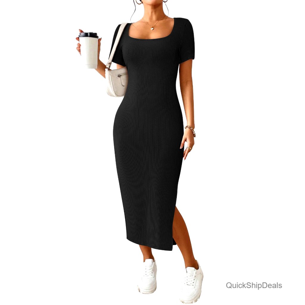 Ribbed Knit Maxi Dress With Side Slit, Square Neck, Short Sleeve, Summer Casual